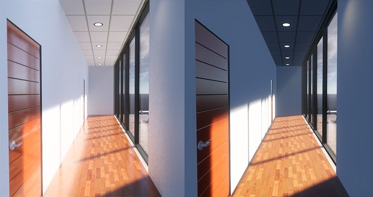 Left: Global Illumination, Right: Only direct light. See the light on the ceiling.