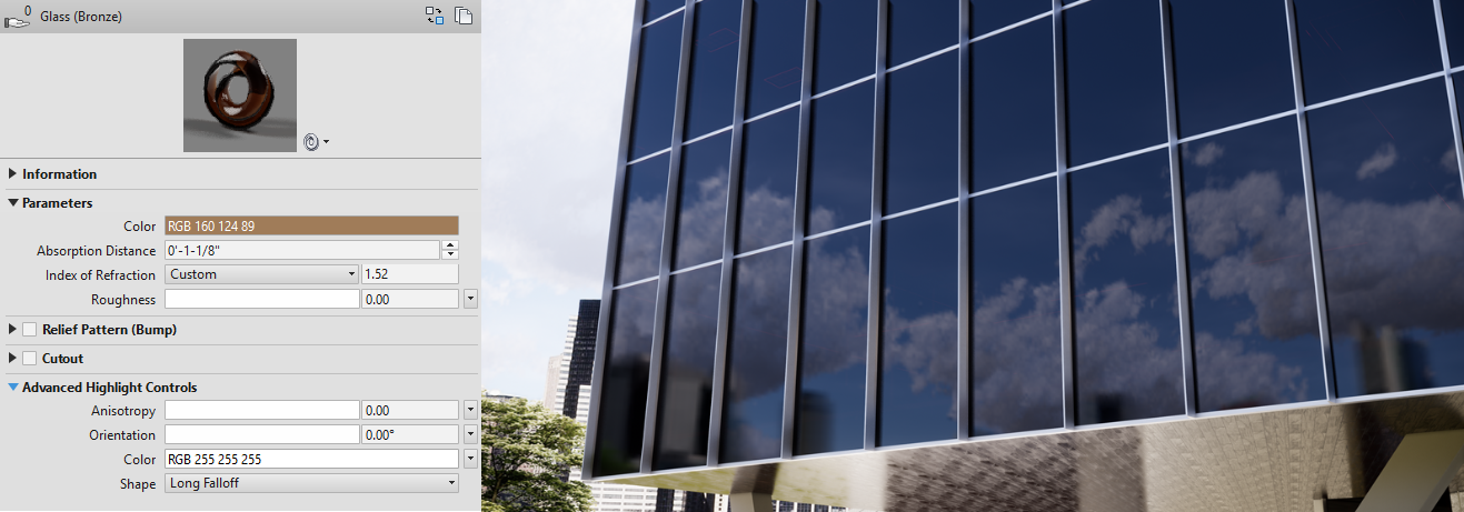 Glazing defined with Revit 2019 advanced material – regular ‘transparent’ shader