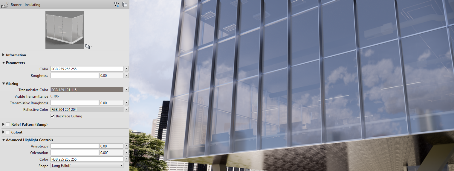 Glazing defined with Revit 2019 advanced material – special 'glazing' shader