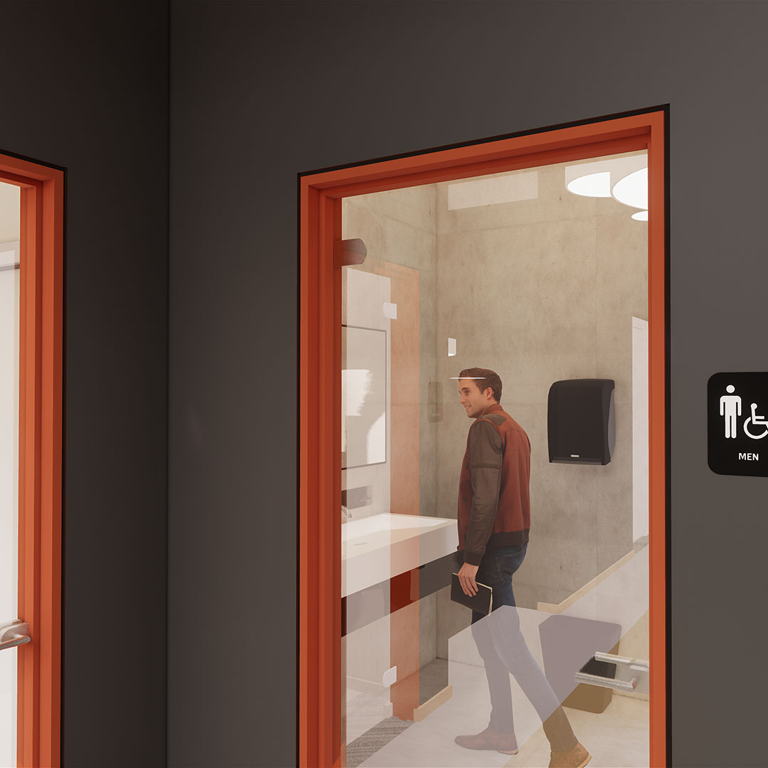Visual analysis of sightlines into restroom; clear and frosted glass, respectively.
