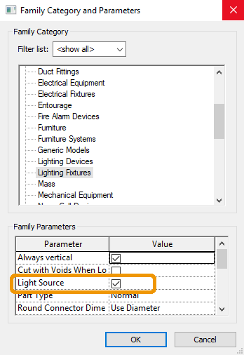 Light Source enabled in Revit's Family Category and Parameters window