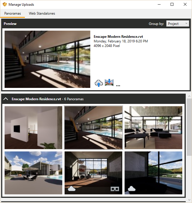 Get an overview of your created panoramas in the Manage Panoramas window